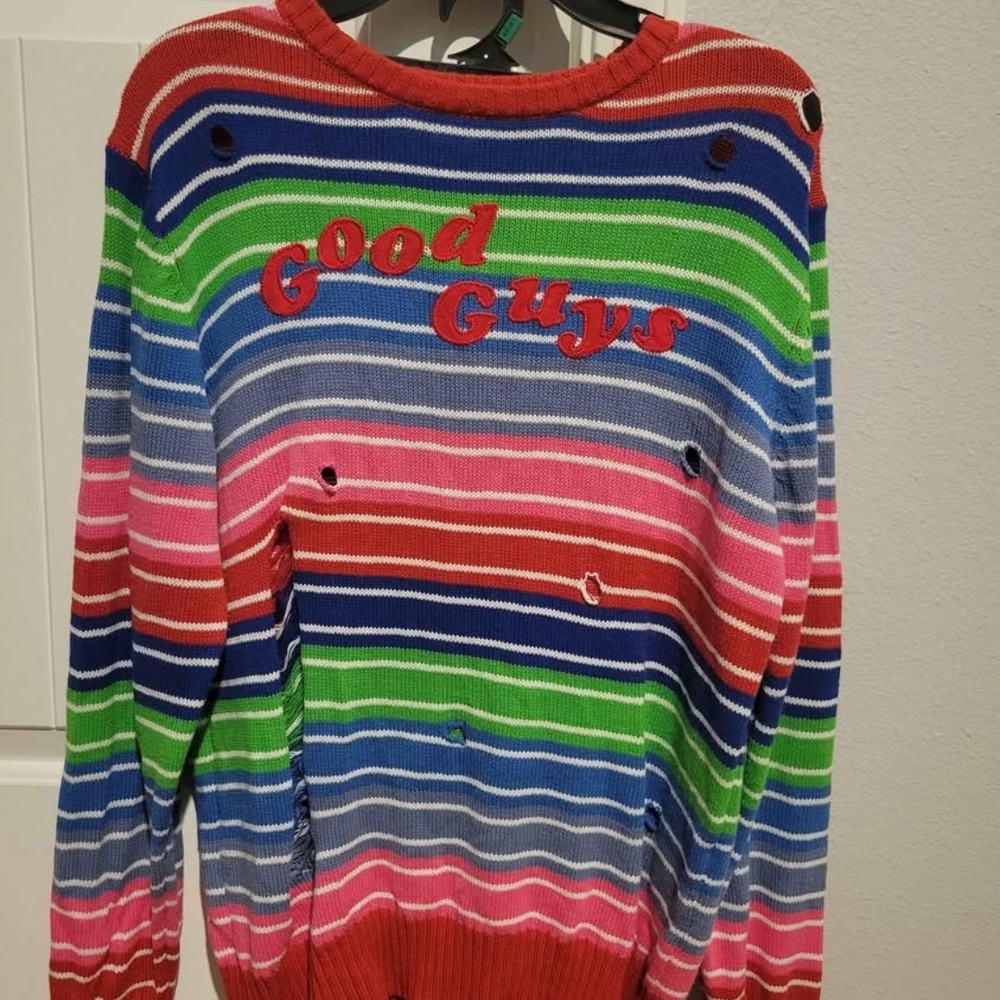 Chucky sweater costume size large with knife and knife bag.
